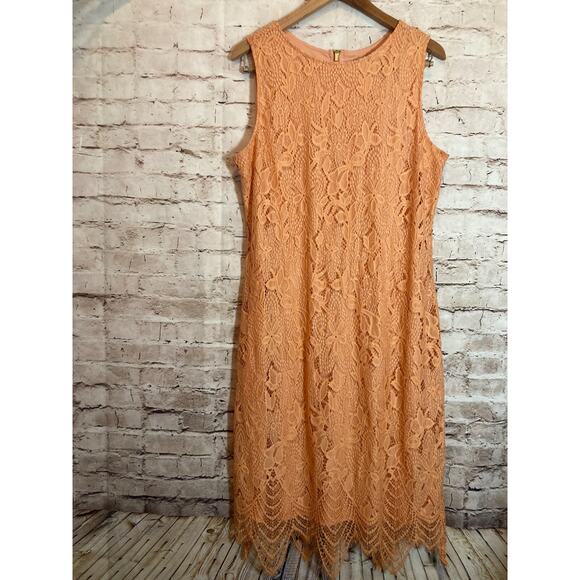 Sharango Dress Womens 16 Peach Orange All Over Lace Embroidery Midi Romantic - Picture 1 of 13